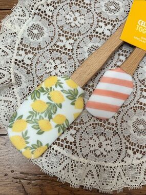 Lemon & Stripe Silicone Spatula Set - Yellow and Coral